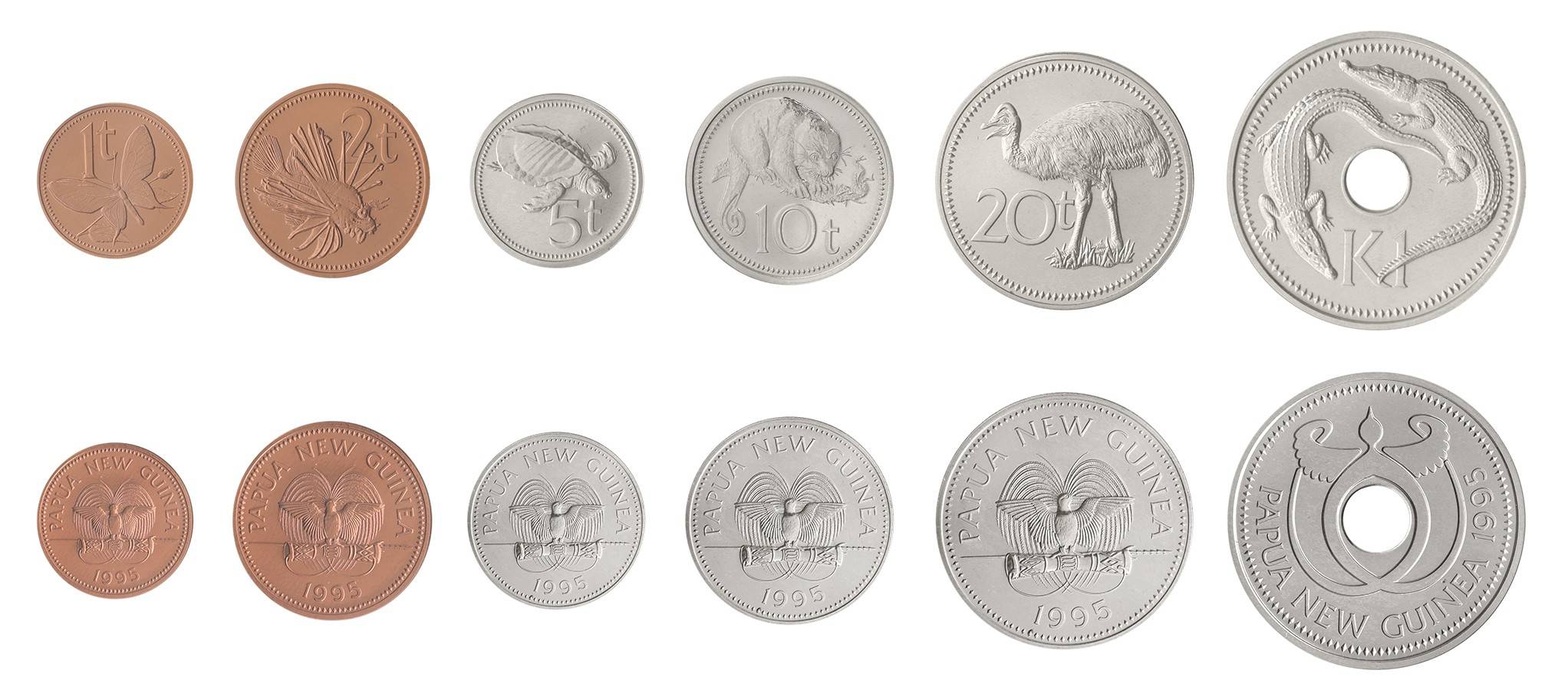 1995 Set de 6 Monedas Papúa Nueva Guinea (1 Toea a 1 Kina) - Fauna Nativa (Condición Mint / UNC)