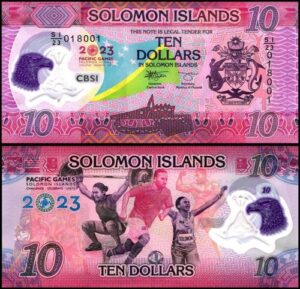 2023 Billete de 10 Dólares Islas Salomón – P-39 – XVII Juegos del Pacífico (Polímero / UNC)
